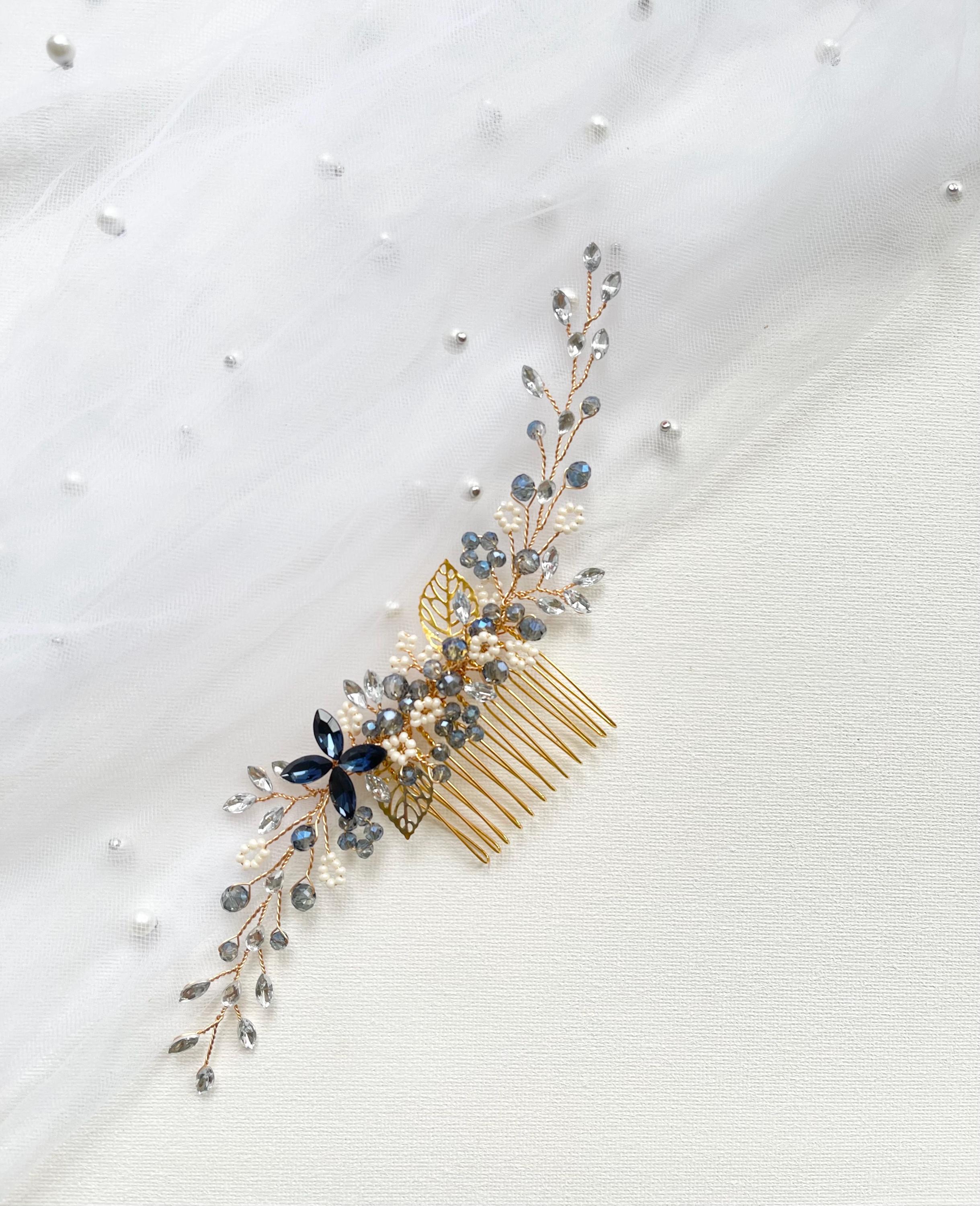 Copricapo da sposa in cristallo blu, pettine blu navy e perle, pettine da sposa boho dorato, pettine da sposa in cristallo fatto a mano, pettine da sp