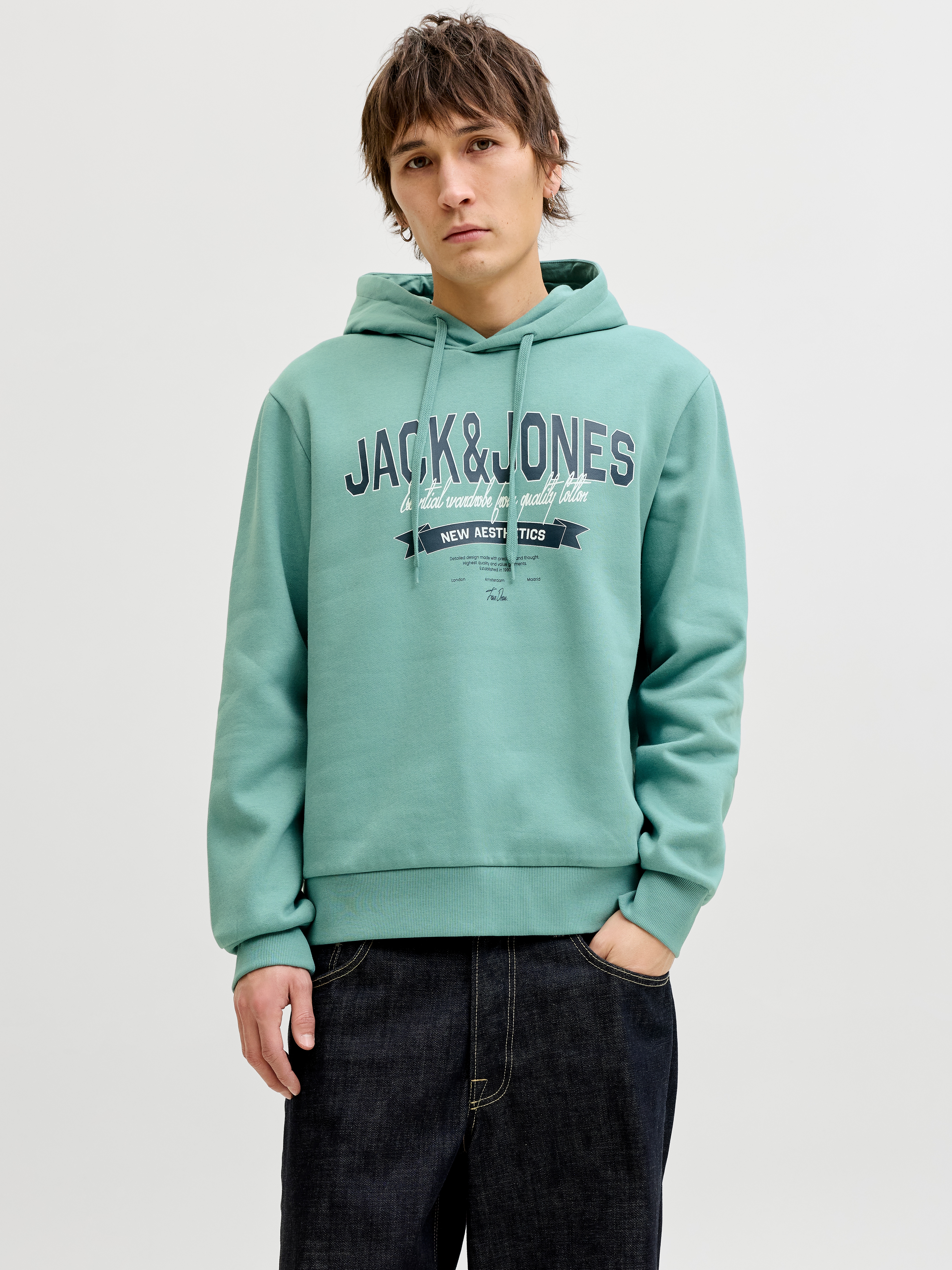 Kapuzensweatshirt JACK & JONES "JJELOGO SWEAT HOOD 2 COL 25/26 NOOS", Herren, Gr. S, mineral blau, angeraute Sweatware, Obermaterial: 70% Baumwolle, 30% Polyester, bedruckt, regular fit normal, Rundhals, Rippbündchen, Sweatshirts, mit stylischem Print