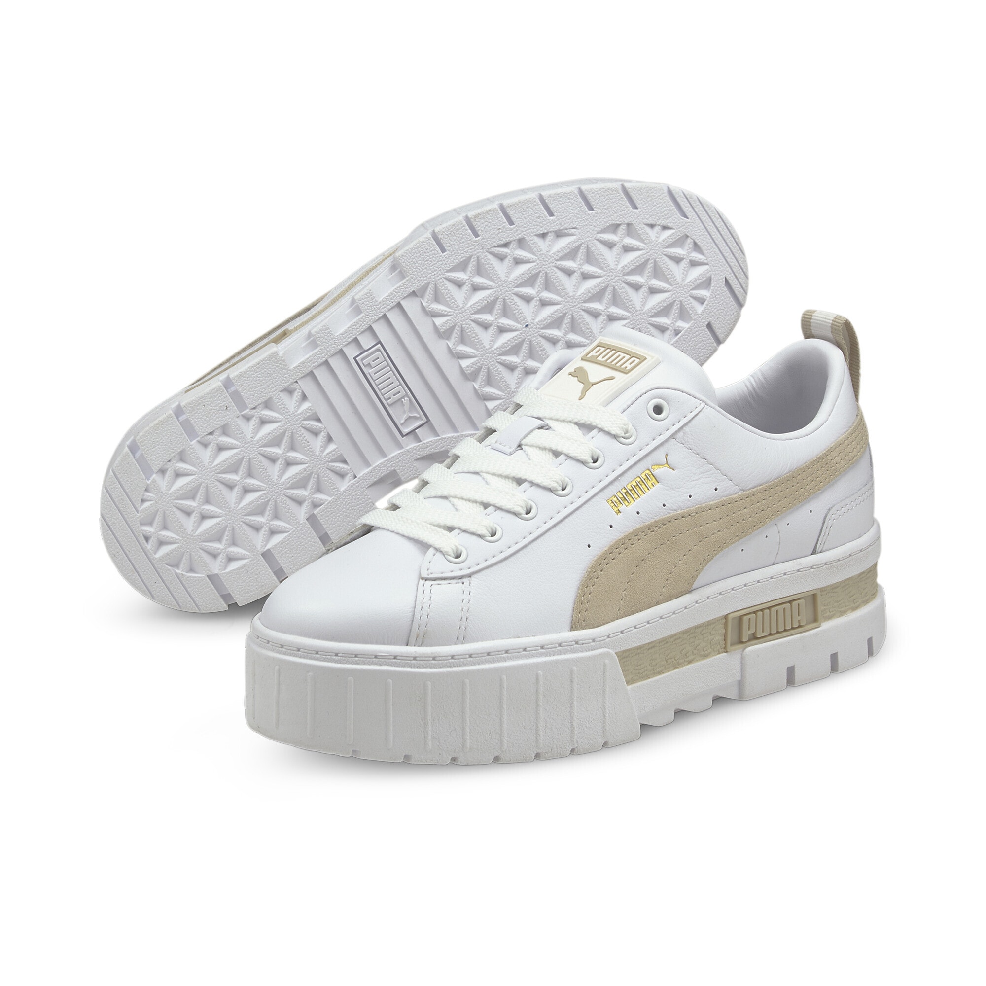 Sneaker PUMA "Mayze Sneakers Damen", Damen, Gr. 35,5, weiß (weiß peyote beige), Obermaterial: Textil, Synthetik, Kuhleder; Futter: Textil, Synthetik; Innensohle: Textil; Laufsohle: TR (Thermoplastischer Gummi), Schuhe Sneaker