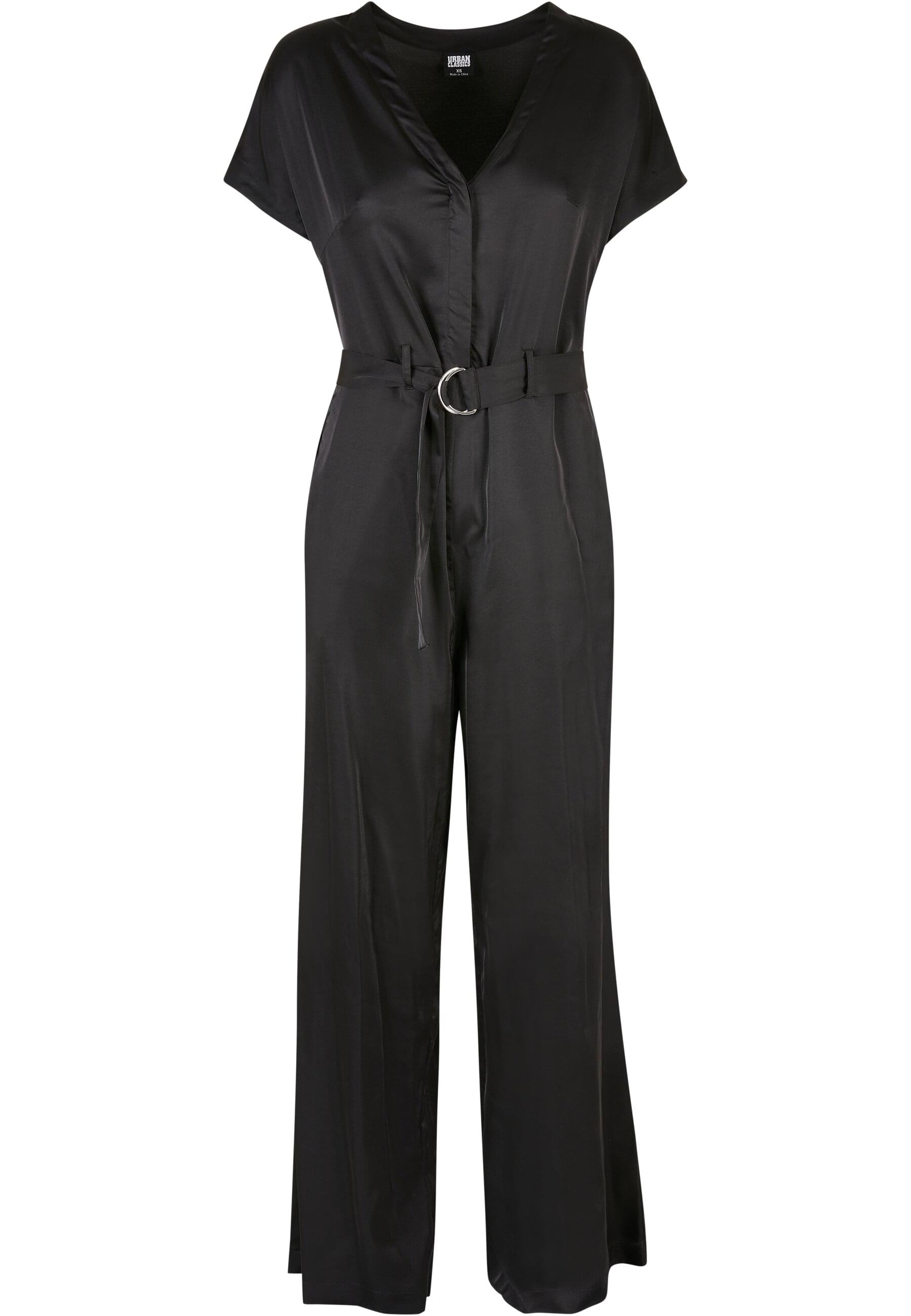 Jumpsuit URBAN CLASSICS "Urban Classics Damen Ladies Satin Wide Leg Belt Jumpsuit", Damen, Gr. L, US-Größen, schwarz, 95% Polyester, 5% Elasthan, unifarben, loose fit, Overalls Jumpsuit