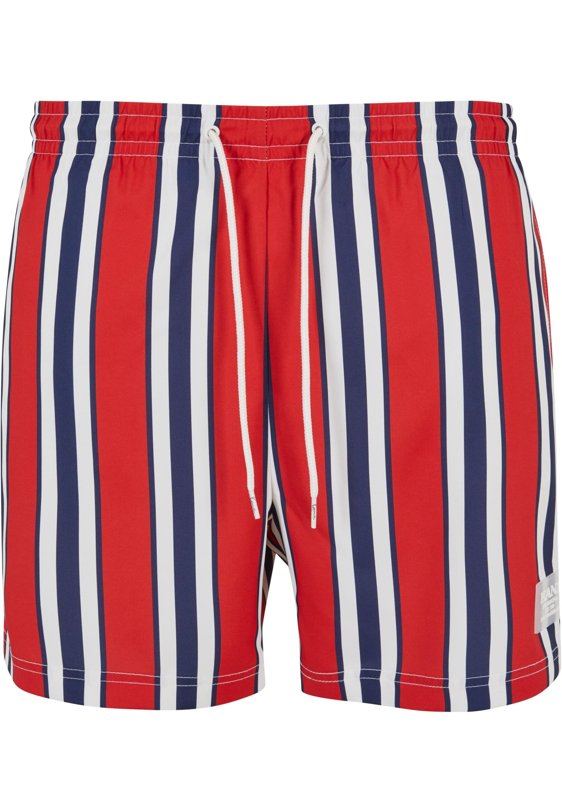Badeshorts KARL KANI "Karl Kani Herren KM-SW013-051-1 Retro Striped Swim Shorts", Herren, Gr. S, US-Größen, rot, weiß, blau, 100% Polyester, Badehosen Badeshorts