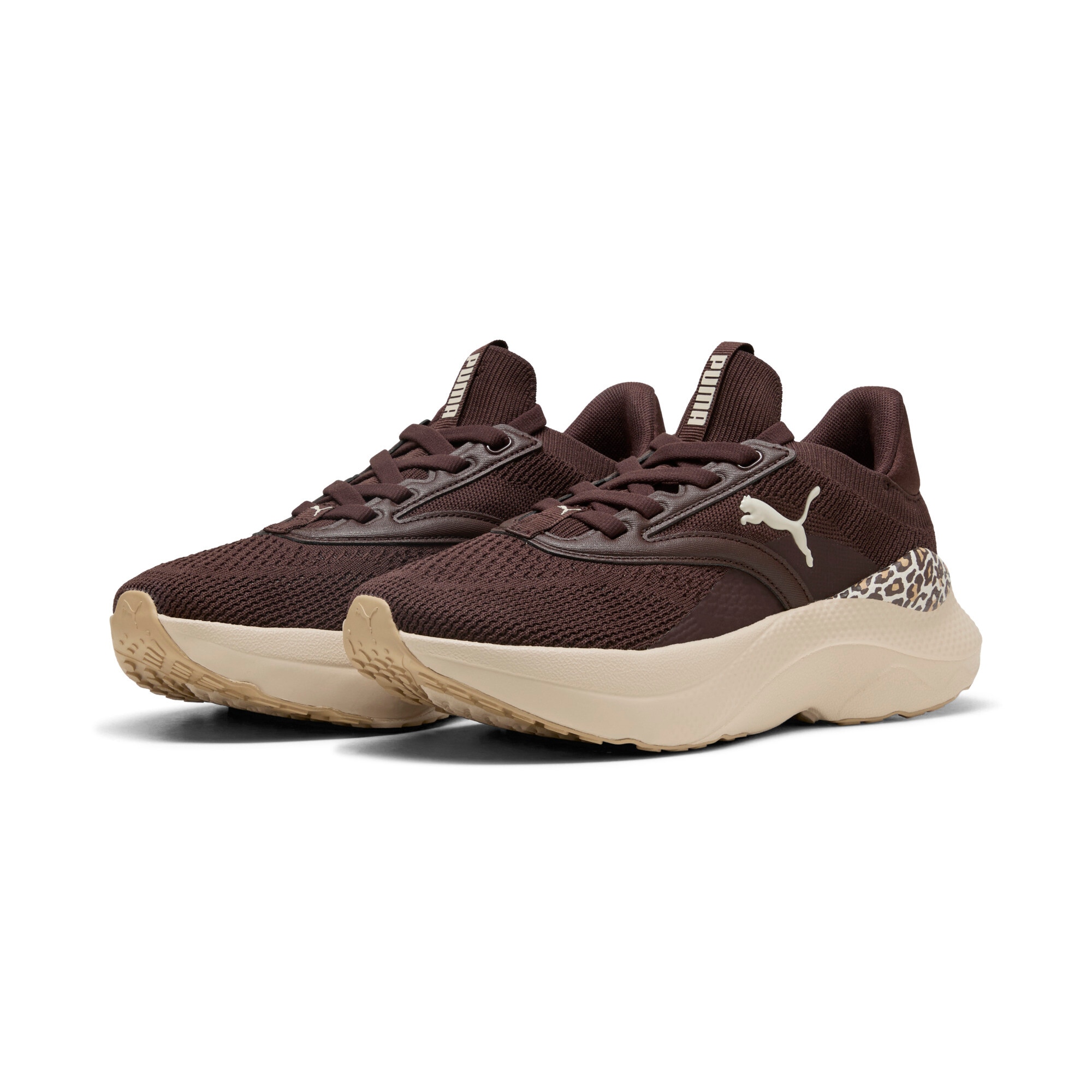 Fitnessschuh PUMA "SOFTRIDE MAYVE ANIMAL WNS", Damen, Gr. 38, chocolate braun, alpine snow, sand dune, Textil, Schuhe Fitnessschuh