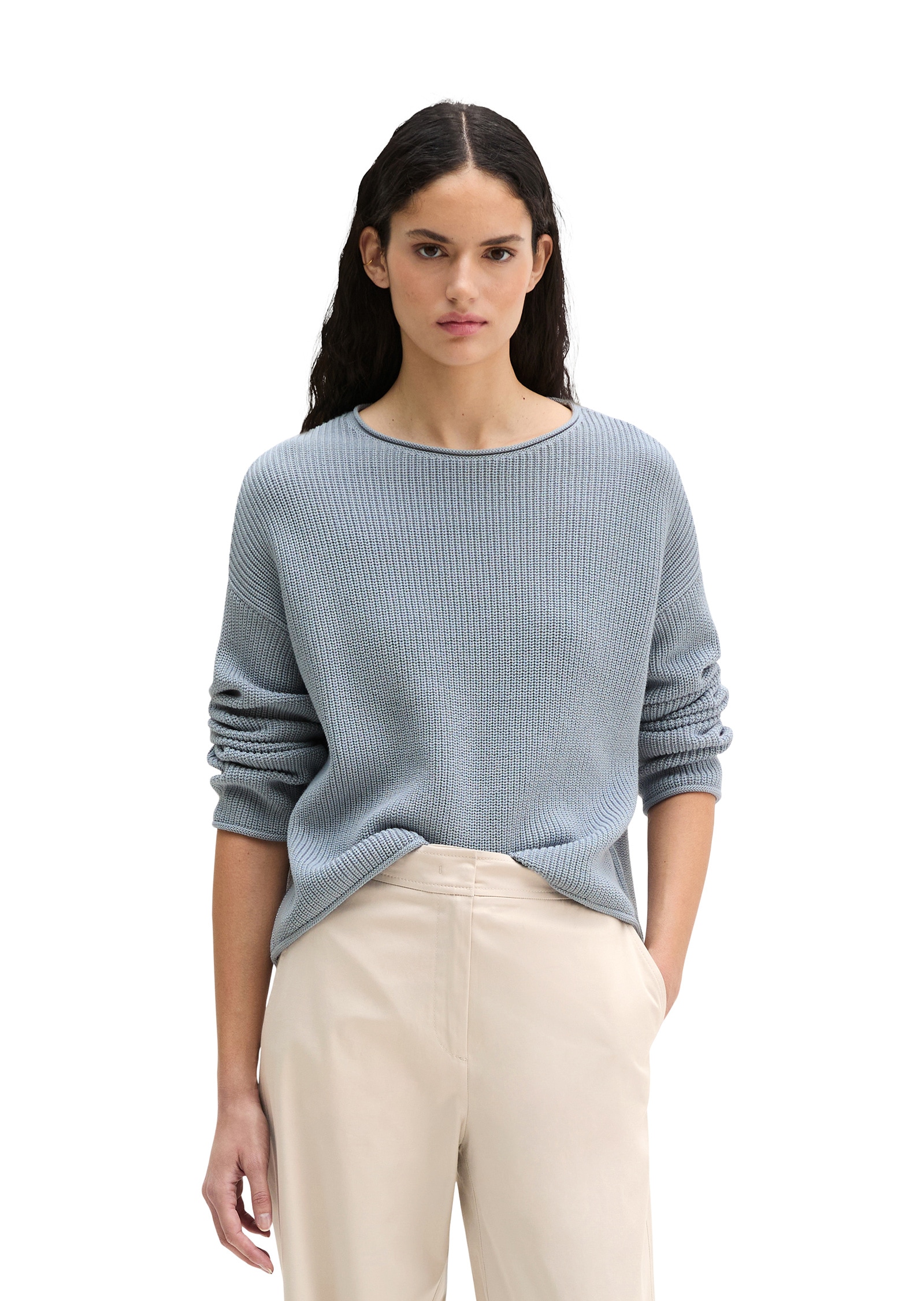 Rundhalspullover MARC O'POLO "aus Heavy-Weight-Organic-Cotton", Damen, Gr. XXS, grau horizon, Obermaterial: 100% Baumwolle, unifarben, U-Boot-Ausschnitt, Pullover Rundhalspullover
