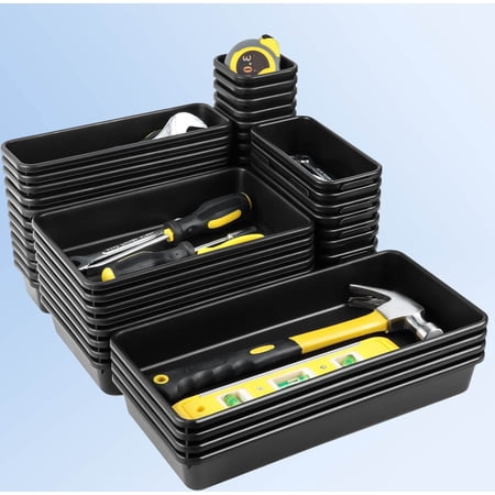 Tool Box Organizer Tray Divider Desk Drawer Organizers Garage Tool Organizer and Storage Black Plastic Tray Organizer Bins for Home Office Supplies and Tools