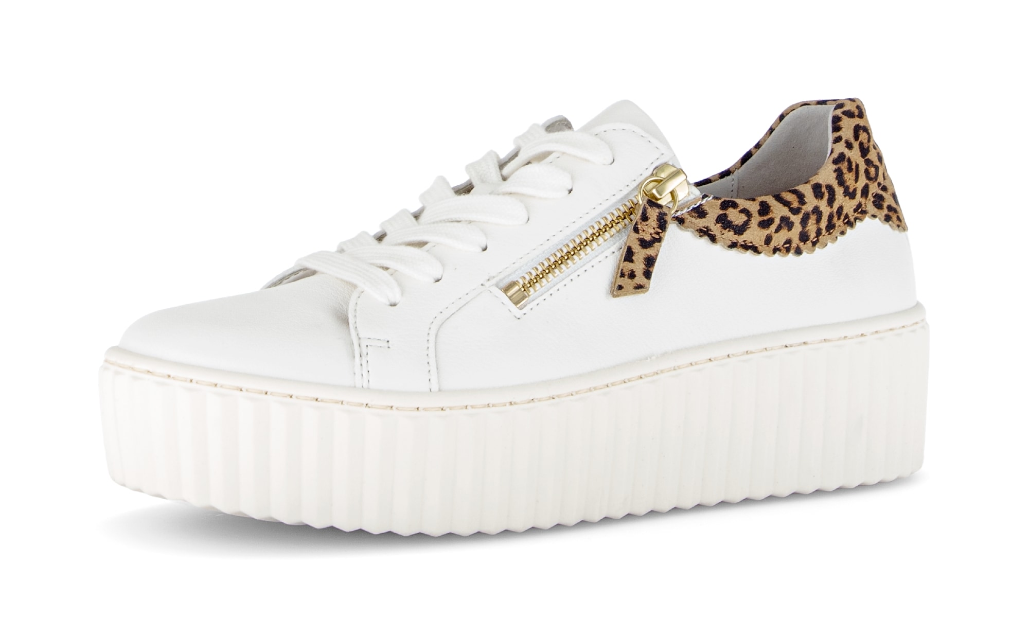 Plateausneaker GABOR, Damen, Gr. 44, weiß, Glattleder, Schuhe Plateausneaker, Freizeitschuh, Halbschuh, Schnürer mit zwei Reißverschlüssen