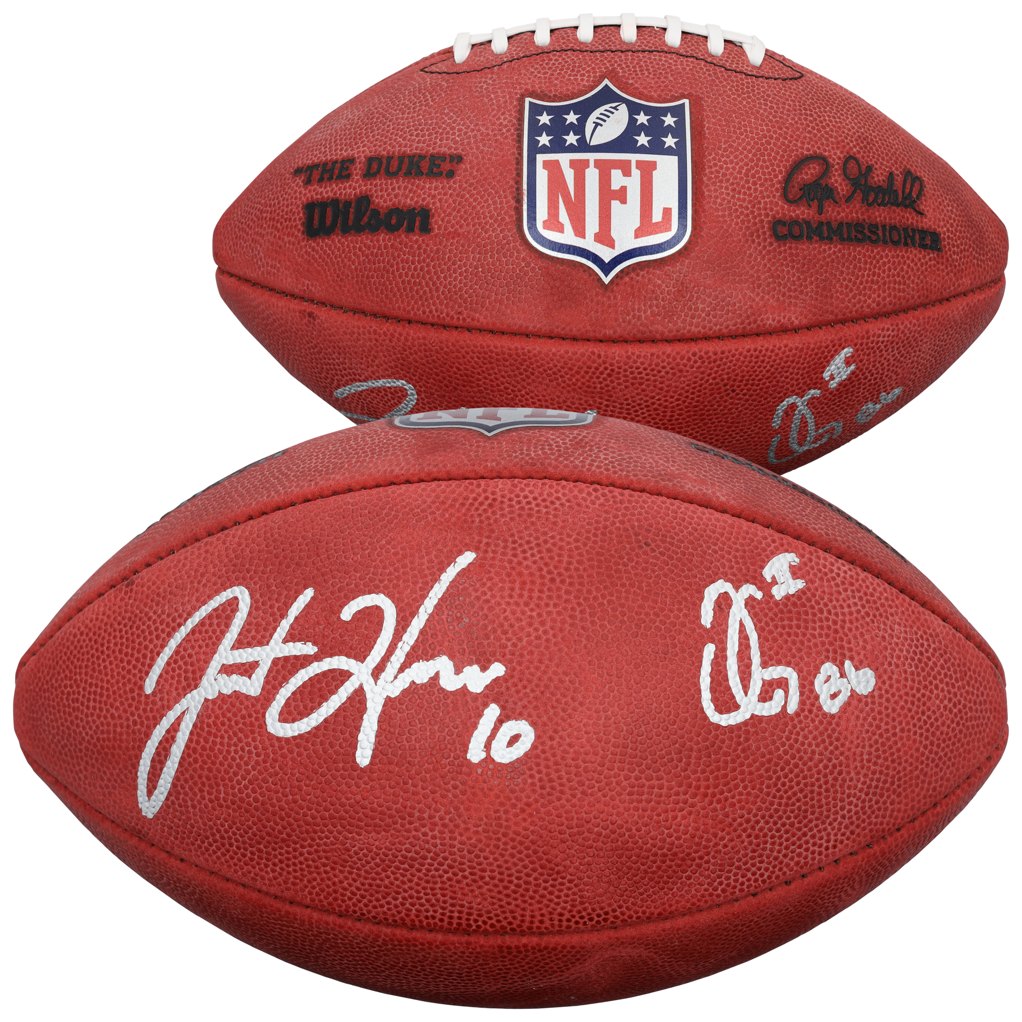 Justin Herbert und Oronde Gadsden, Los Angeles Chargers, signierter Wilson Duke Football (Vollfarbe). Image