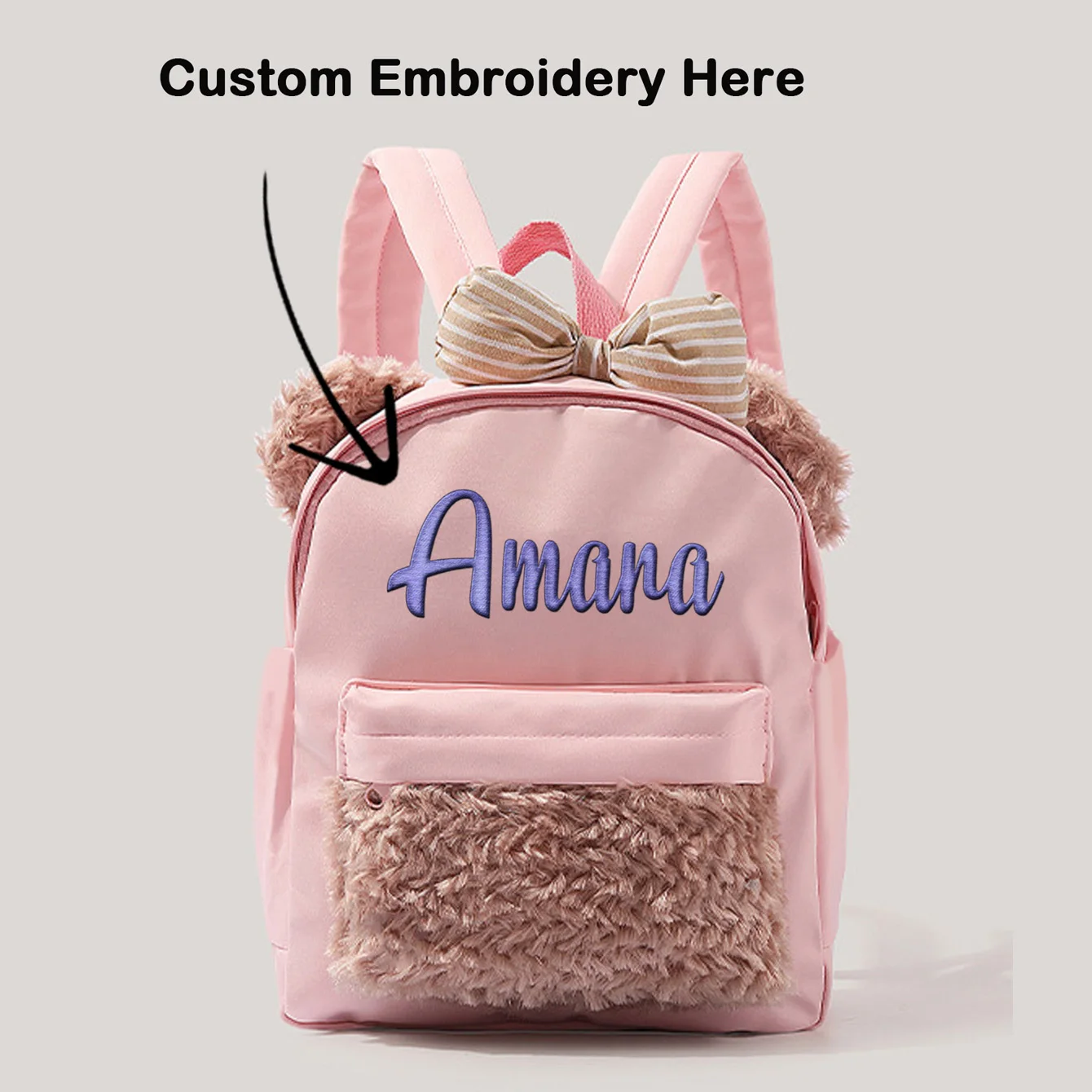 Sac à dos avec nœud brodé avec nom personnalisé pour filles | Sac d'école rose léger | Cadeau idéal pour l'école et les vacances