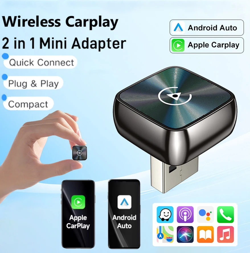 2026 2-in-1 Kabelloser CarPlay-Adapter & Android Auto Wireless-Adapter, 5GHz WLAN Typ-C/USB Plug & Play Dongle für Kabelloses CarPlay Image