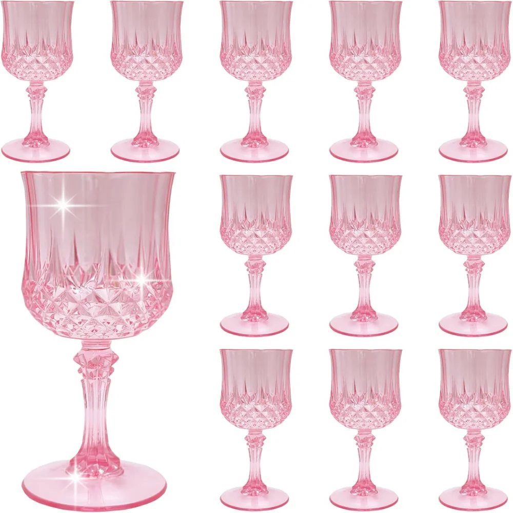 12 Stück rosa geprägte Kunststoff-Weingläser, wiederverwendbare Champagner- und Cocktailgläser, BPA-frei, perfekt für Hochzeiten, Partys Image