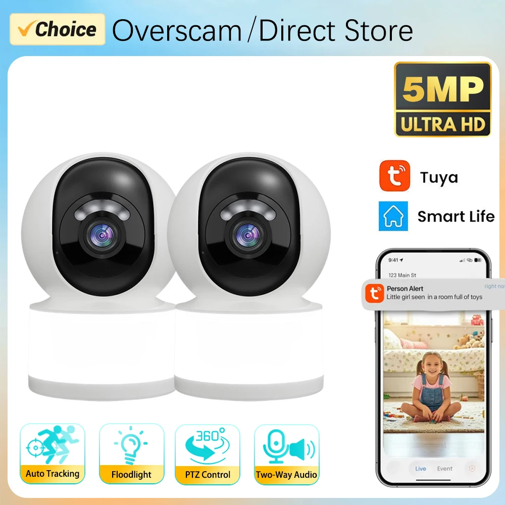Mini 5MP Tuya Smartlife Innenraum 360 ° PTZ-Kamera Flutlicht Kabellose WLAN-Heimüberwachung Babyphone mit Automatischer Verfolgung Zwei-Wege-Audio-Kamera Image