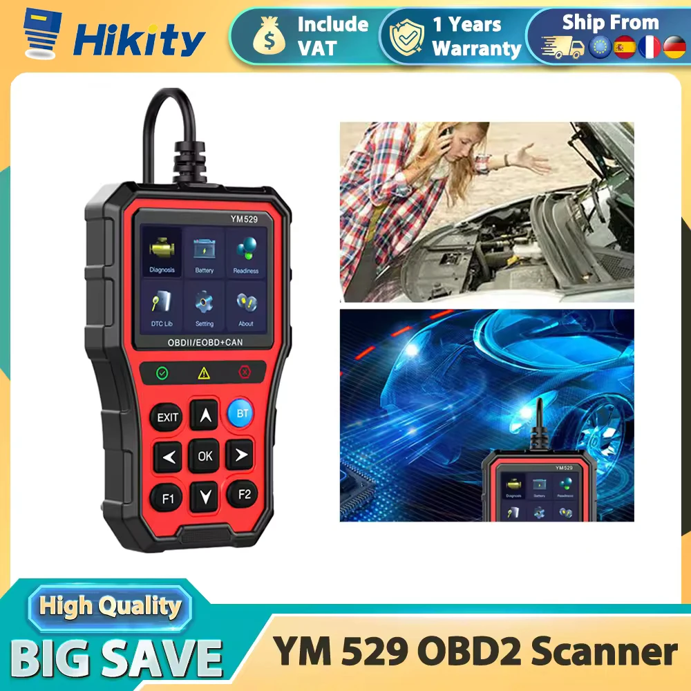 Lecteur de code Hikity YM 529 OBD2 Scanner de code de panne Lecteur de code de diagnostic OBD2 sans fil Utilisation multi-langues Outil de lecture de code de diagnostic OBD2