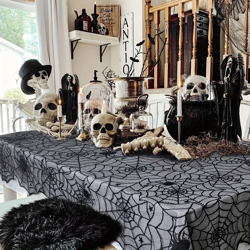 Schwarze Spinnennetz-Tischdecke – Halloween-Dekoration, geeignet für Kamin, Kamin, Küche und Party-Tischdekoration Image
