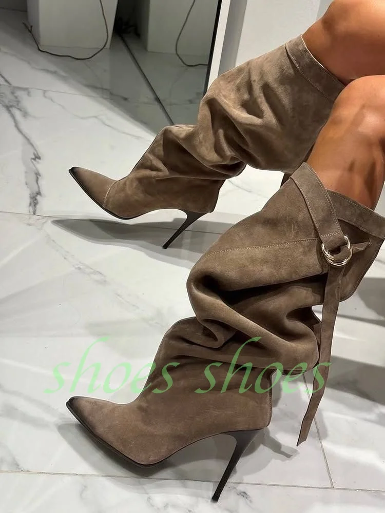 Damen-Wildleder, spitzer Zehenbereich, Herbstkleid, Kniestiefel, Schnallenriemen, Wildleder, graue Farbe, Runway-Schuhe, elegante, sexy Stiefel im Gladiator-Stil, Größe 46