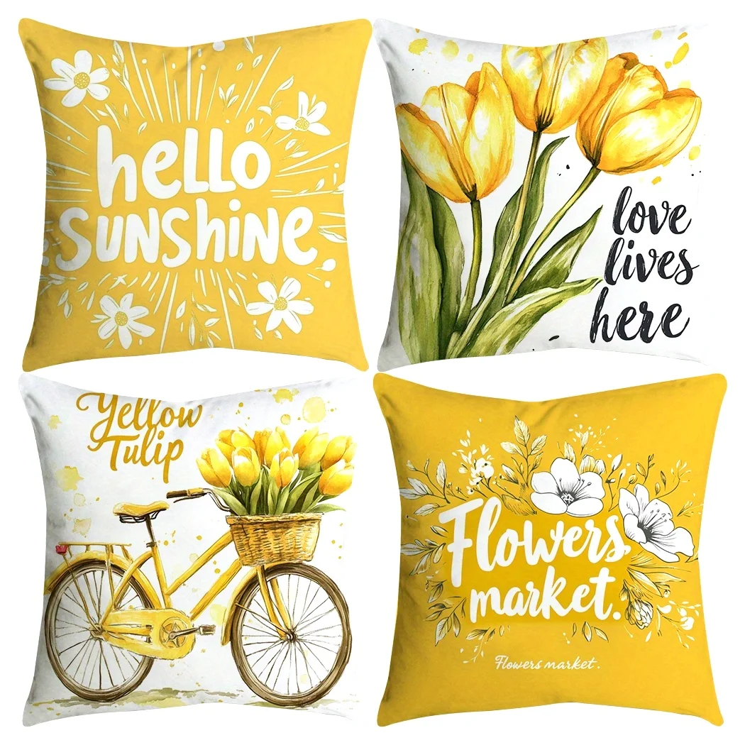 4 Stück gelbe Tulpen-Fahrrad-Buchstaben-Kissenbezüge – Frühlings- und Sommer-Blumendekor für Sofa, Schlafzimmer, Zuhause Image