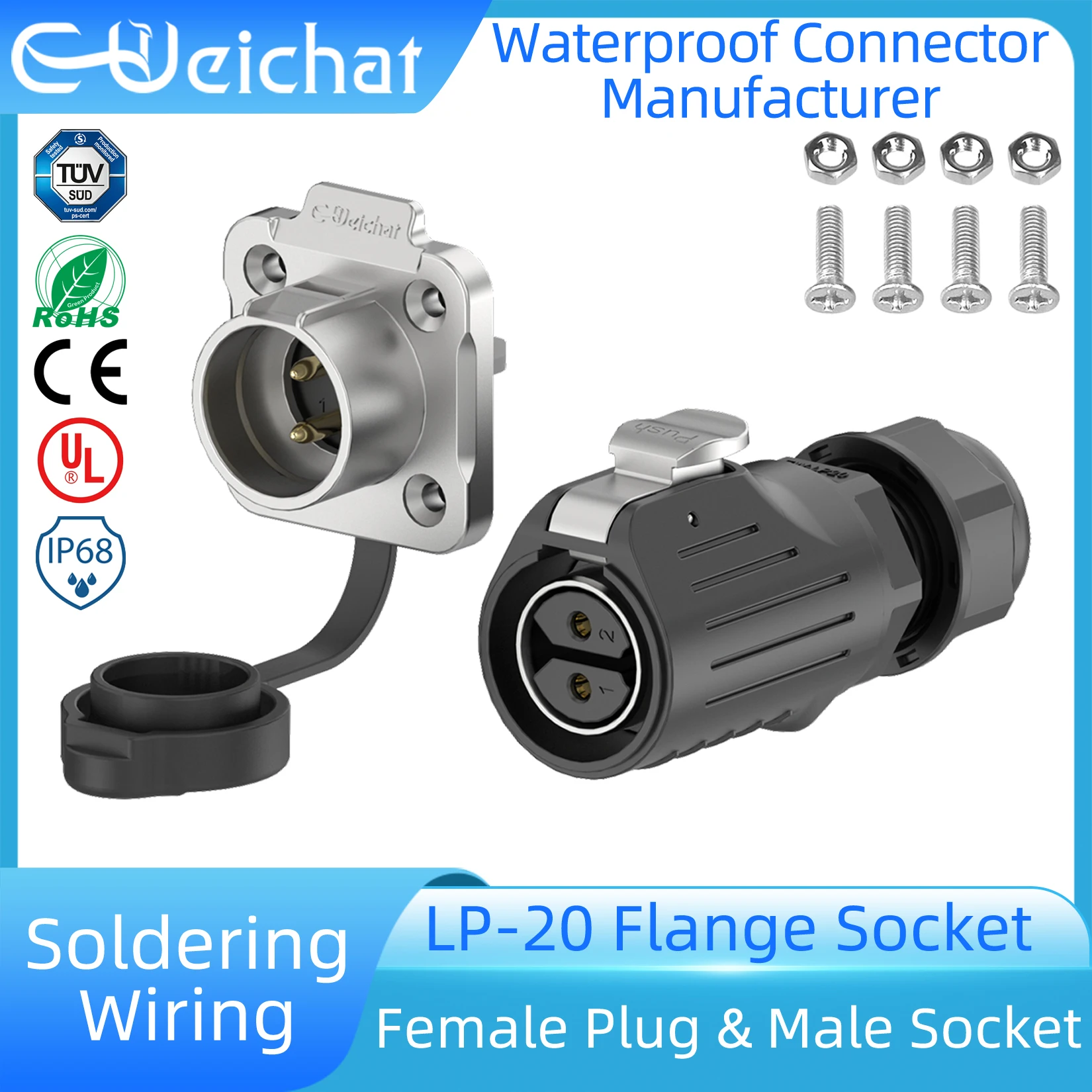 LP20 IP68 Wasserdichter Steckverbinder, Metallgehäuse, Buchse + Flanschbuchse, 2–14 Pin, Lötverkabelung, industrieller Luftfahrt-Stecker Image