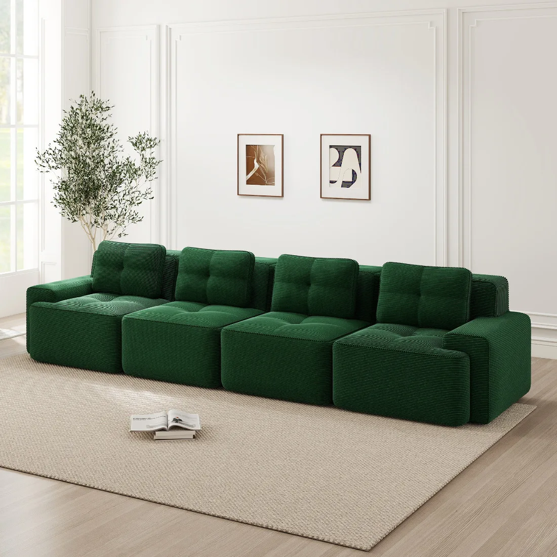 4-Sitzer-Sofa aus grünem Corduroy-Wolken – modulares, tiefes Sitz ohne Knochen, rutschfest und montagefrei Image