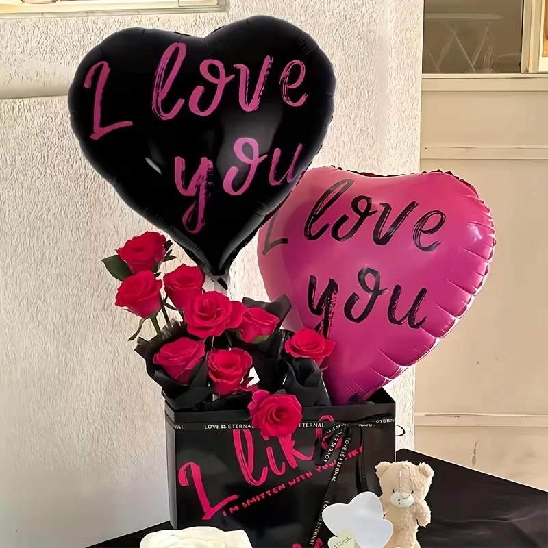 I LOVE YOU Bedruckter Liebesballon, rosarot/schwarzer herzförmiger Ballon für Valentinstag, Heiratsantrag, Hochzeit, Geburtstag, Dekoration Image