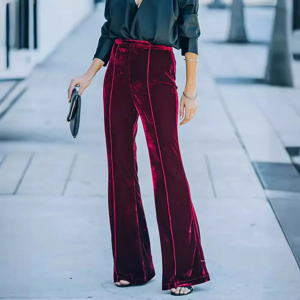 2025, Gold Samt Hosen Für Frauen Mode Hohe Taille Gerade Hosen Frauen Casual Feste Hose Frauen Streetwear