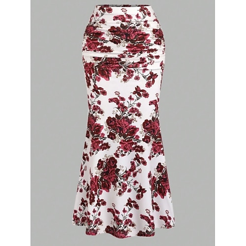 Damen Mode Lässig Asymmetrisch Hohe Taille Röcke Blumen Gerafft Druck Hohe Elastizität Täglich Date Weiß Rosa Sommer Polyester Image