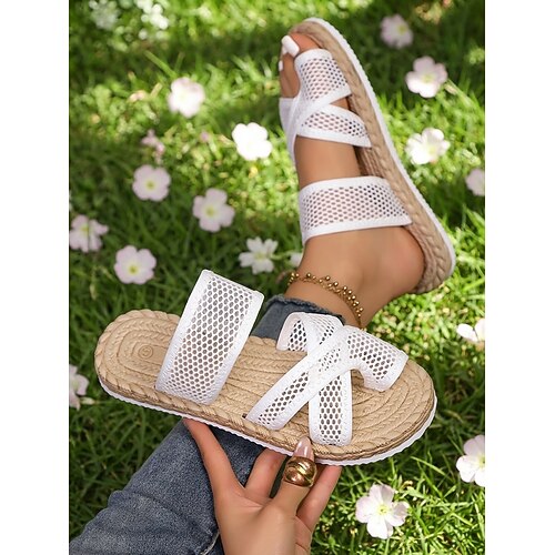 Weiße Espadrille-Sandalen aus Mesh-Imitat für Damen – atmungsaktives Sommerdesign, leichte Schuhe mit flacher Sohle für Strandbesuche, Urlaub und Alltag Image