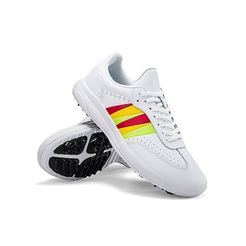 Weiße Herren-Golfschuhe, sportliches Schnürdesign mit farbigen Streifen, stoßdämpfende Sohle, moderner Sportstil für den Golfplatz Image