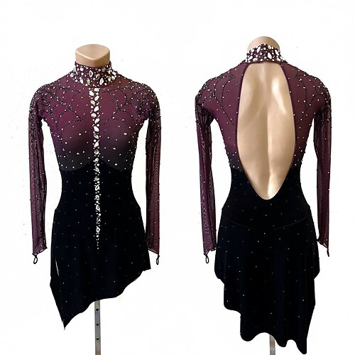 Eiskunstlaufkleid Damen Eislaufen Kleid Schwarz Patchwork Offener Rücken Hohe Elastizität Training Wettbewerb Eiskunstlaufkleidung Klassisch Kristall / Strass Langarm Eislaufen Eiskundstlauf Image