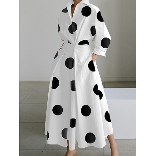 Damen Minikleid Hemdblusenkleid Freizeitkleid A Linie Kleid Mode Modern Täglich Urlaub Ausgehen Normale Passform Tupfen Buchstabe Langarm Hemdkragen Schwarz und Weiß Schwarz Weiß Marineblau Frühling Image