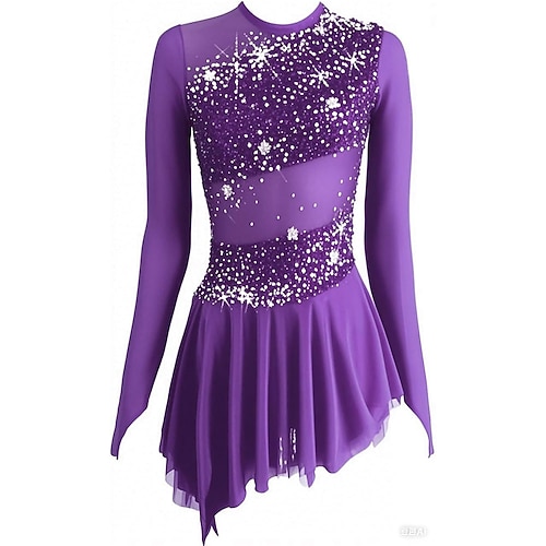 Eiskunstlaufkleid Damen Eislaufen Kleid Violett Schwarz Rosa Patchwork Daumenloch Dehnbar Training Wettbewerb Eiskunstlaufkleidung Klassisch Kristall / Strass Langarm Eislaufen Eiskundstlauf