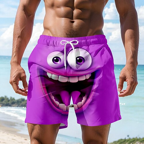 Herren Optische Täuschung 3D Zeichentrick Lächelndes Gesicht Badehosen Badeshorts Boardshorts Mittlere Taille Hawaiianisch Lustig Strandurlaub Seitentaschen Netzfutter Elastischer Kordelzug in der Image