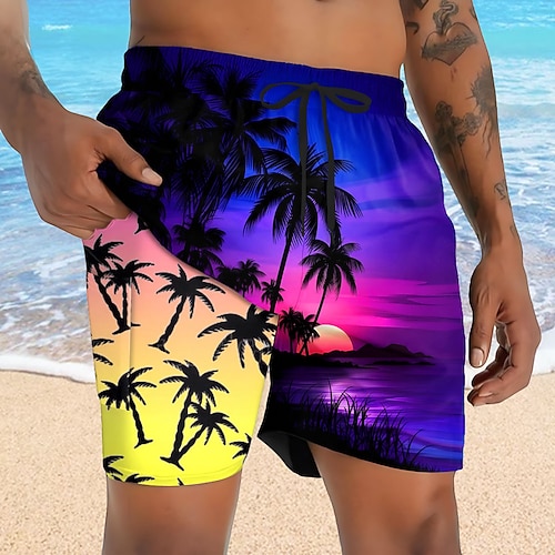 Herren Flamingo Kokospalme Tropische Pflanzen Gefütterte Shorts 2 in 1 Badeshorts Badeshorts Mittlere Taille Hawaiianisch Ferien Seitentaschen Mit Kompressionsfutter Elastischer Kordelzug in der Image