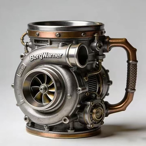 Kaffeebecher im Motor-Design, Steampunk-Kaffeebecher mit Turbomotor, isolierter Edelstahlbecher im Retro-Turbo-Design mit Henkel, 300 ml (10 oz) origineller mechanischer Becher, Geschenkidee für Auto- Image