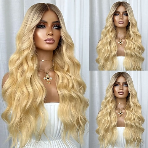 Echthaar 5x5 Verschluss 13x4 Spitzenfront Perücke Mittelscheitel Brasilianisches Haar Bodywave Blond Perücke 150% 180% Haardichte mit Babyhaaren Ombre-Haar Natürlicher Haaransatz 100% Unbehandelt Image