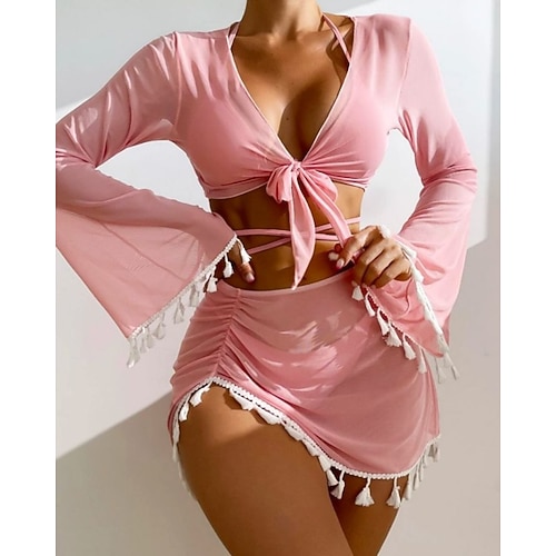 Damen Bikini-Sets Neckholder-Bikini-Oberteil Badeanzug Einfarbig Mit Vertuschung UV Schutz Schnelltrocknend Hohe Elastizität Langarm Bademode Badeanzug Surfen Strand Schwimmen Sommer Image