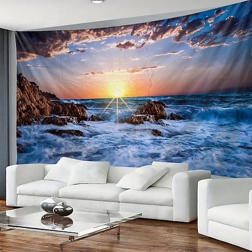 Wandteppich mit Sonnenuntergangs- und Meereswellenmotiv, Küstenlandschaft, Naturkunst für Wohnzimmer, Yogaraum und Meditationsraum Image