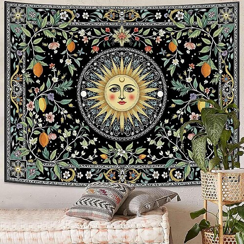 Wandteppich mit Sonne und Mond, Astrologie, Sternbilder, Mondphasen, Boho-Hippie-Stil, Wohnaccessoires für Schlafzimmer und Wohnzimmer Image