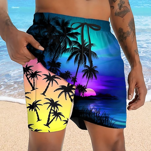 Herren Flamingo Kokospalme Tropische Pflanzen Gefütterte Shorts 2 in 1 Badeshorts Badeshorts Mittlere Taille Hawaiianisch Ferien Seitentaschen Mit Kompressionsfutter Elastischer Kordelzug in der Image
