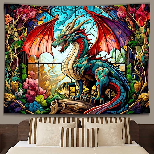 Wandteppich mit Drachenmotiv aus Buntglas, Fantasie- und Mythenwesen, gotische Heimdekoration, lebendiges Mosaikkunstwerk, Stoffposter für Wohnzimmer und Schlafzimmer Image