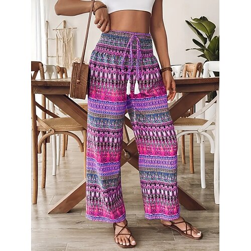 Damen Weite Hosenbeine Chinos Urlaub Streetwear Lässig Volle Länge Mittlere Taillenlinie Blumen Kordelzug Drucken Bequem Dehnbar Täglich Outdoor Urlaub Blau Violett Rosa Grün Sommer Frühling Herbst Image