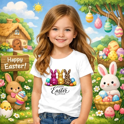 Ostern Mädchen 3D Grafik Kaninchen T-Shirt Kurzarm 3D-Druck Sommer Frühling Sport Mode Streetwear Kinder 4-12 Jahre Rundhalsausschnitt Lässig Täglich Outdoor Normale Passform Image
