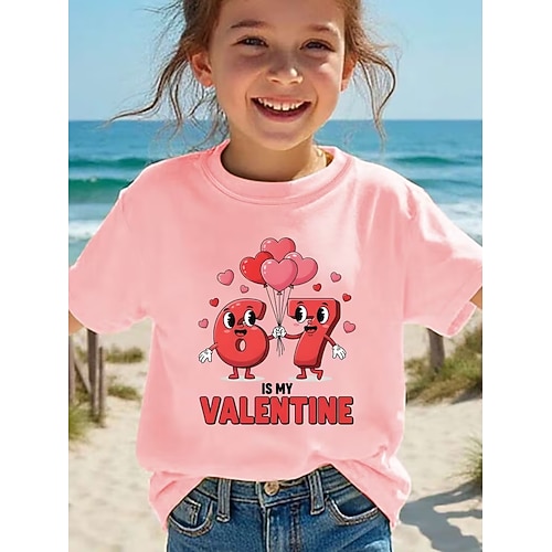 Valentinstag Mädchen 3D Grafik Lustiger Slang 67 T-Shirt Kurzarm 3D-Druck Sommer Frühling Sport Mode Streetwear Kinder 4-12 Jahre Rundhalsausschnitt Lässig Täglich Outdoor Normale Passform Image