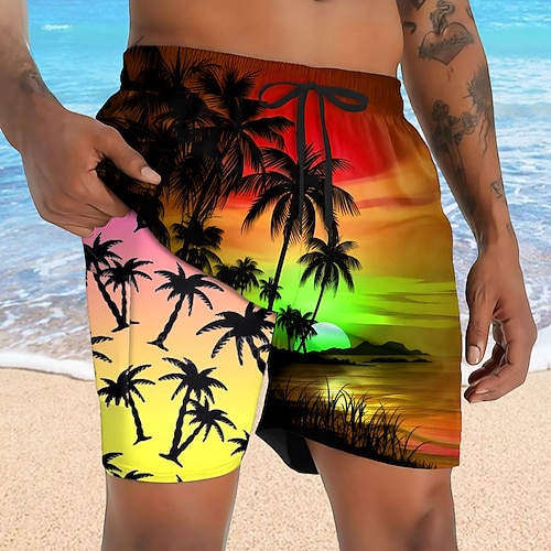 Herren Flamingo Kokospalme Tropische Pflanzen Gefütterte Shorts 2 in 1 Badeshorts Badeshorts Mittlere Taille Hawaiianisch Ferien Seitentaschen Mit Kompressionsfutter Elastischer Kordelzug in der Image