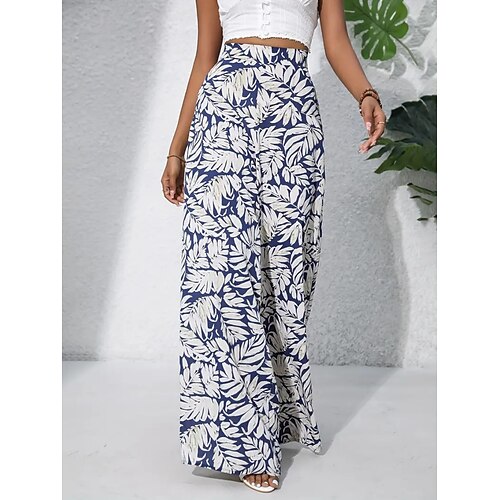 Damen Weite Hosenbeine Chinos Palazzo-Hose Urlaub Streetwear Basic Volle Länge Mittlere Taillenlinie Blumen Tropisch Elastischer Bund Drucken Bequem Unelastisch Täglich Outdoor Straße Blau Marineblau Image