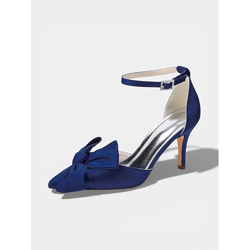 Champagnerfarbene Satin-Pumps mit Schleife, elegante, spitz zulaufende Riemchen-Schuhe für Damen, ideal für Gäste bei kirchlichen Hochzeiten. Image