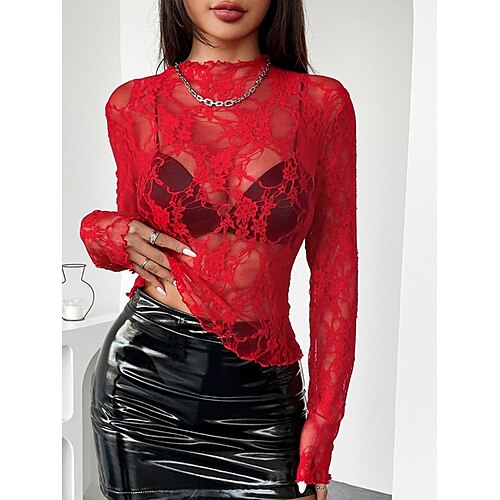 Damen Oberteil mit Spitzenspleiß Bluse Spitze Patchwork Geometrisch Elegant Stilvoll Modern Langarm Hoher Ausschnitt Normale Oberteile Täglich Ferien Ausgehen Schwarz Weiß Rosa Rote Sommer Frühling Image