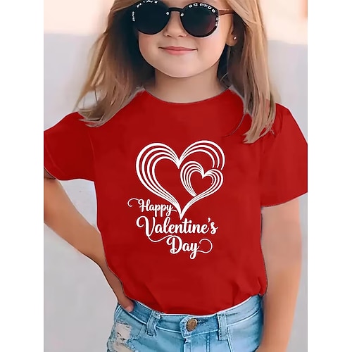 Valentinstag Mädchen 3D Herz Grafik T-Shirt Kurzarm 3D-Druck Sommer Frühling Sport Mode Streetwear Kinder 4-12 Jahre Rundhalsausschnitt Lässig Täglich Outdoor Normale Passform Image