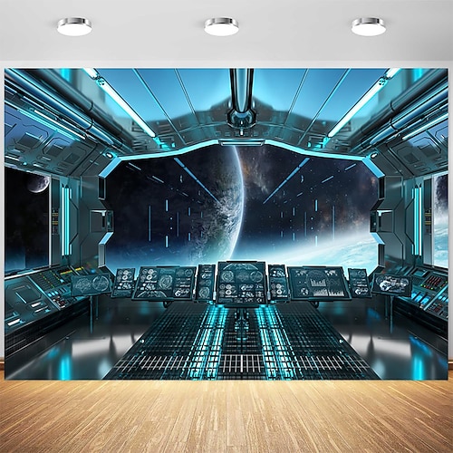 3D-Raumschiff-Wandbild, Science-Fiction-Raumschiff-Cockpit-Wandbild, Blick auf die Erde aus dem Weltraum, futuristischer Wandteppich für Schlafzimmer, Spielzimmer Image