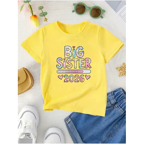 Mädchen 3D Grafik Buchstabe T-Shirt Kurzarm 3D-Druck Sommer Frühling Sport Mode Streetwear Kinder 4-12 Jahre Rundhalsausschnitt Lässig Täglich Outdoor Normale Passform Image