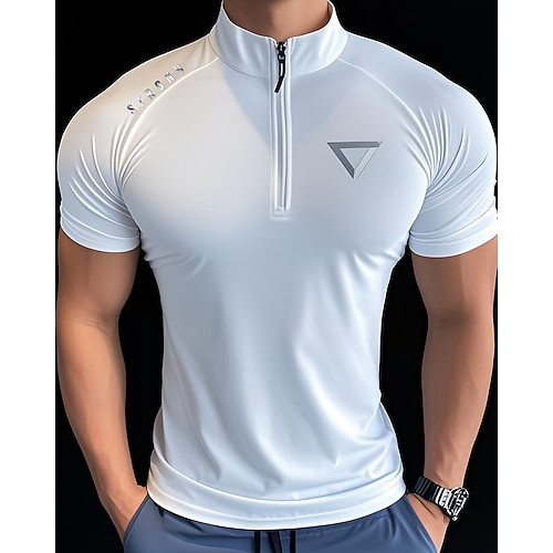 Herren Lauf-T-Shirt Kompressionsshirt Laufshirt Reißverschluss Kurzarm Oberteil Sommer Frühling Herbst Einfarbig Schnelltrocknend Kompression Feuchtigkeitsableitend Fitnesstraining Aktives Training Image