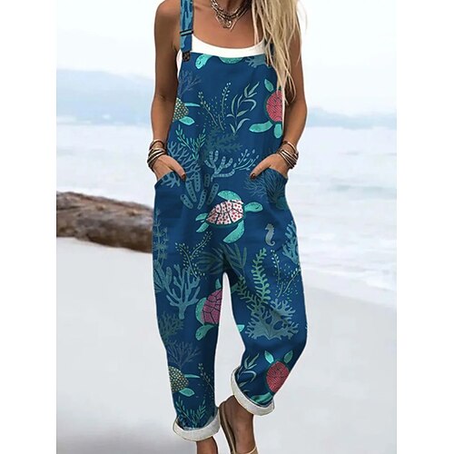 Damen Overall Aktiv Blumen Ärmellos Ärmellos Gerade Quadrathals Tasche Druck Täglich Urlaub Lässiger Schnitt Blau Weiß Gelb Sommer Image
