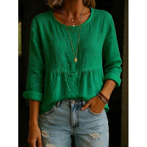 Damen Bluse Gerafft Einfarbig Stilvoll Lässig Langarm Rundhalsausschnitt Normale Oberteile Täglich Blau Weiß Hellgrün Rosa Grün Sommer Frühling Herbst Image